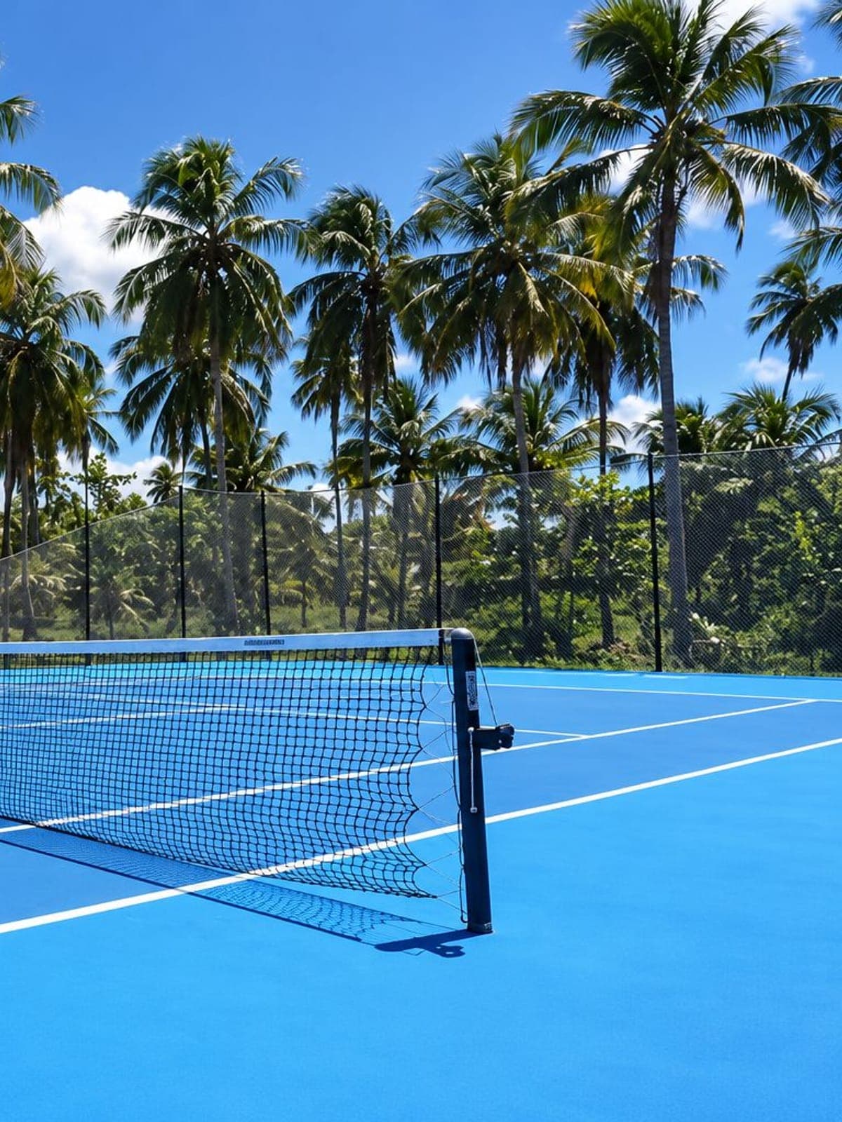Quadra de tênis azul entre coqueiros